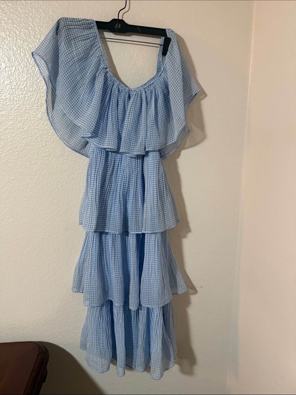 Lulu's Light Blue Gingham Tiered Off-Shoulder Midi Dress S - Picture 9 of 11